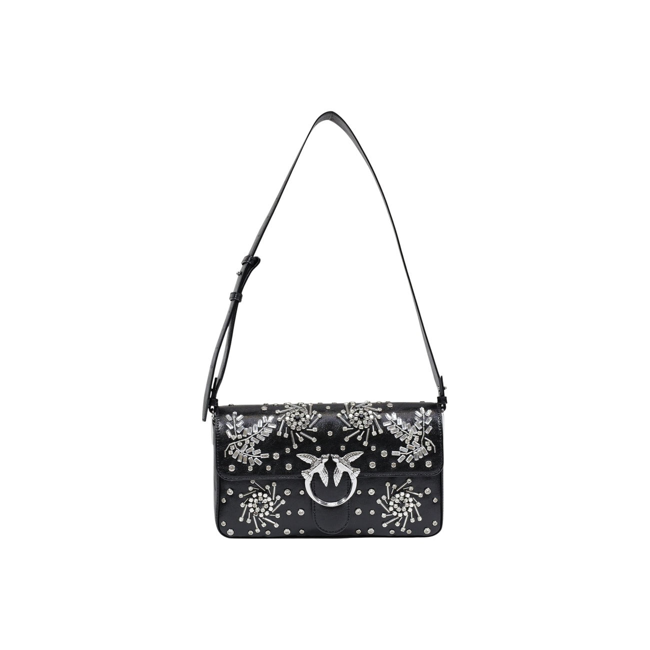 borsa nera media da donna Pinko LOVE SLOUCHY CLASSIC MEZZO BAC 106182 A37O. Realizzata con una composizione di 50% poliammide e 50% poliuretano. dettagli gioiello e applicazioni scintillanti. Vista frontale 