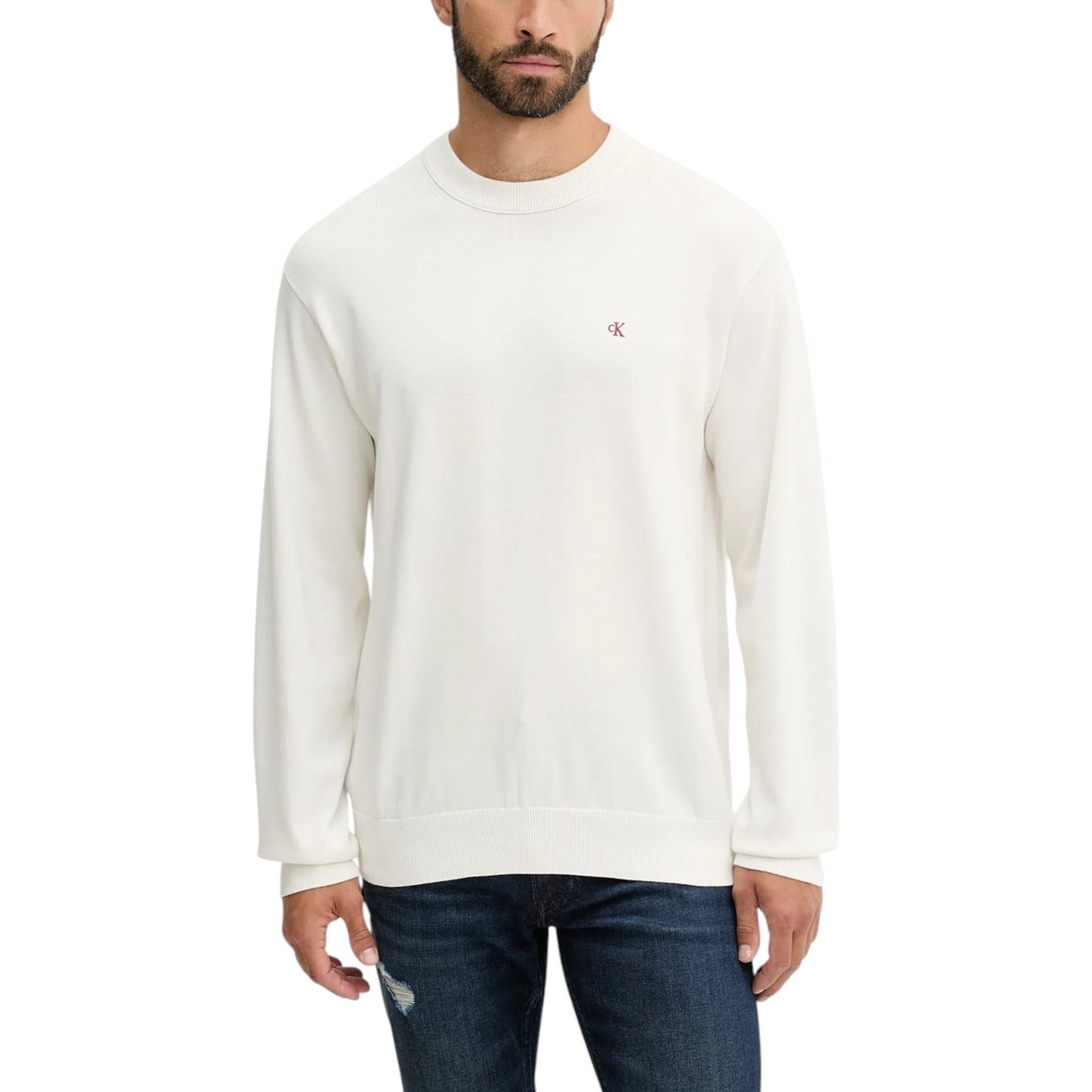 Calvin Klein Jeans Maglia Uomo Bianco Scollo Tondo Manica Lunga Cotone 100% Autunno Inverno LV04RC309G