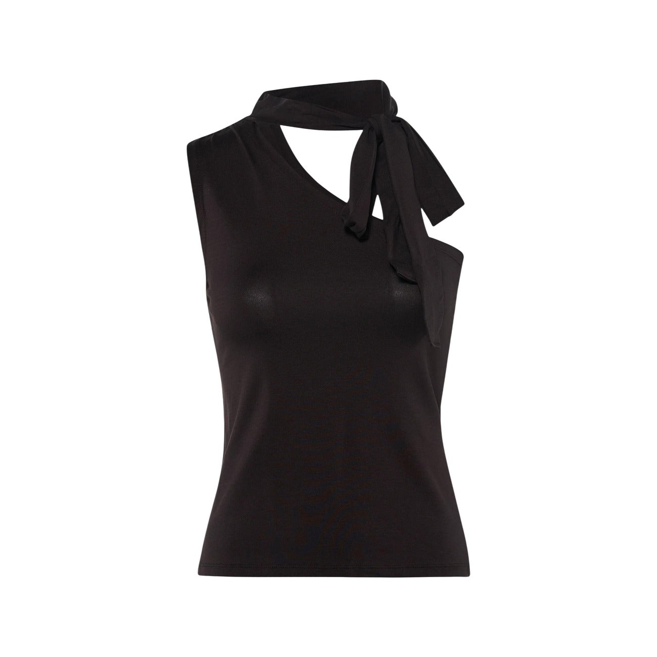 Canotta monospalla da donna marrone firmata Jacqueline de Yong (JDY) in tessuto ecologico leggero, caratterizzata da un elegante scollo asimmetrico e un foulard coordinato da annodare al collo.
