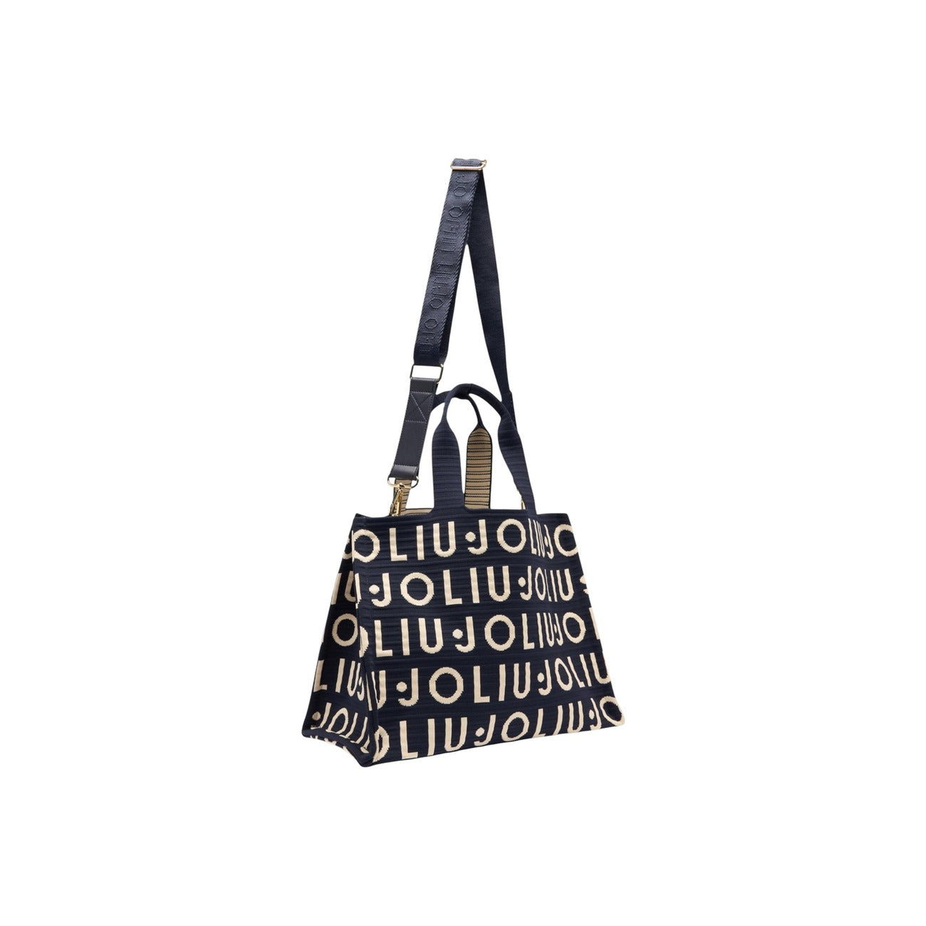 Borsa Tote Liu Jo Knitted; 100% Poliestere Nero. Logo jacquard a maglia, pochette interna con zip, tracolla removibile. Borsa donna capiente, morbida e di tendenza. Vista tracolla 