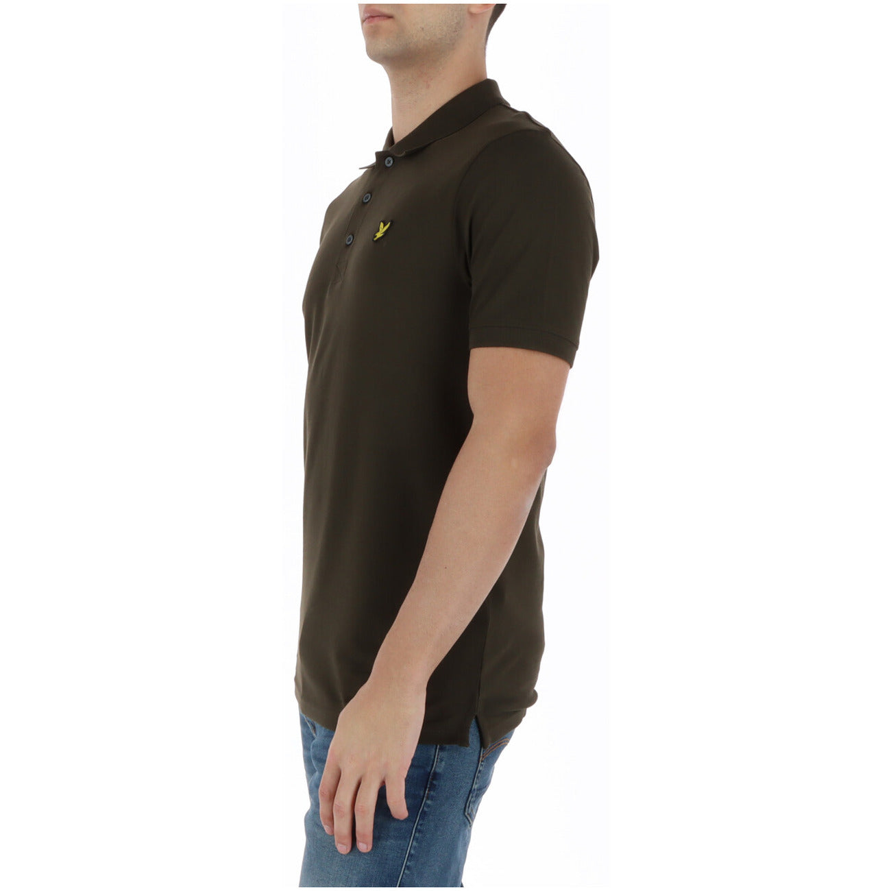 Lyle & Scott Polo Verde scuro SP400VOG; 97% cotone e 3% elastan, manica corta, logo ricamato. Stile classico contemporaneo. Vista laterale 