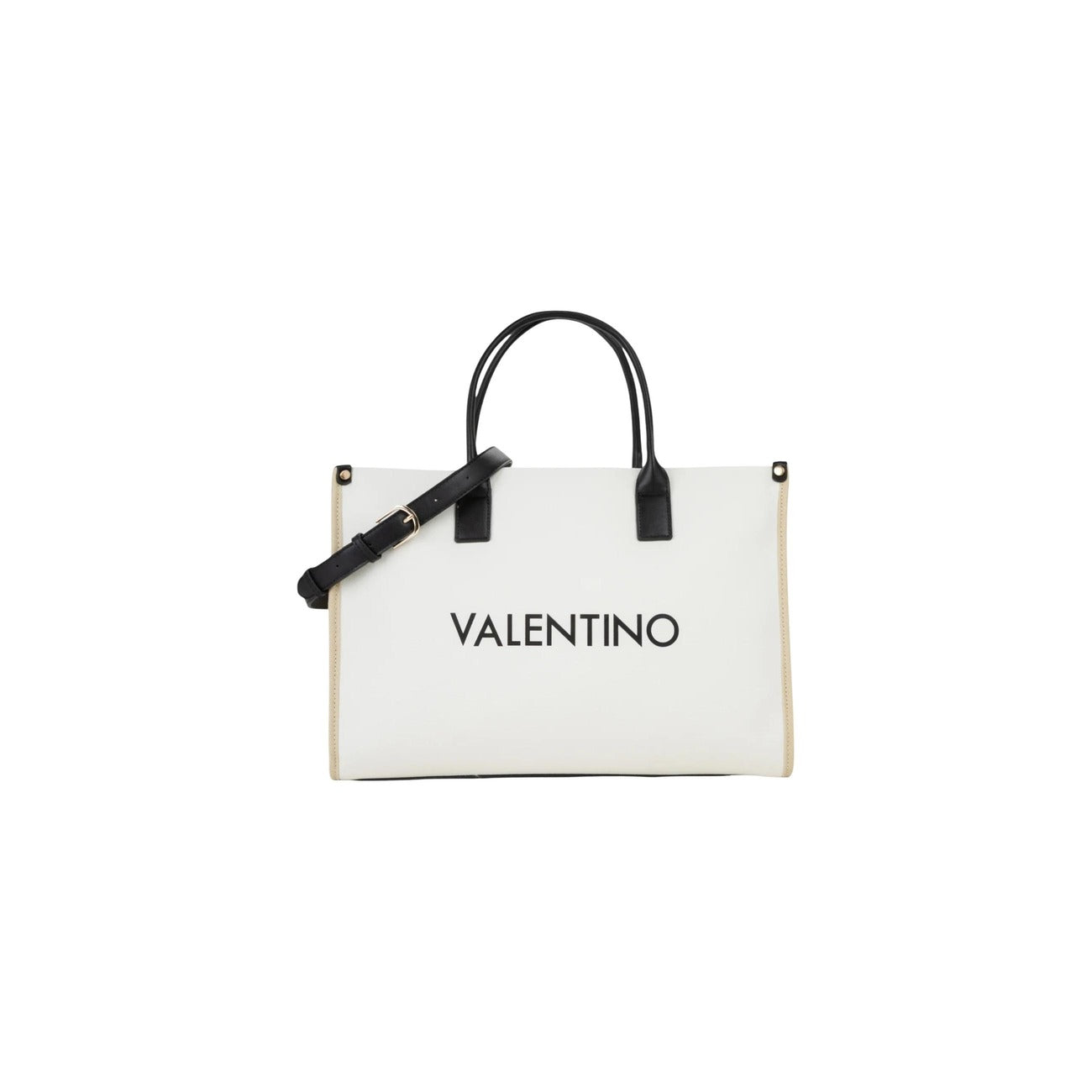 Borsa Valentino Bags VBS9U304; 100% poliuretano, manici rigidi + tracolla. Logo frontale, dettagli metallici, grande capacità interna. Shopping bag elegante, resistente e versatile. Colore bianco 