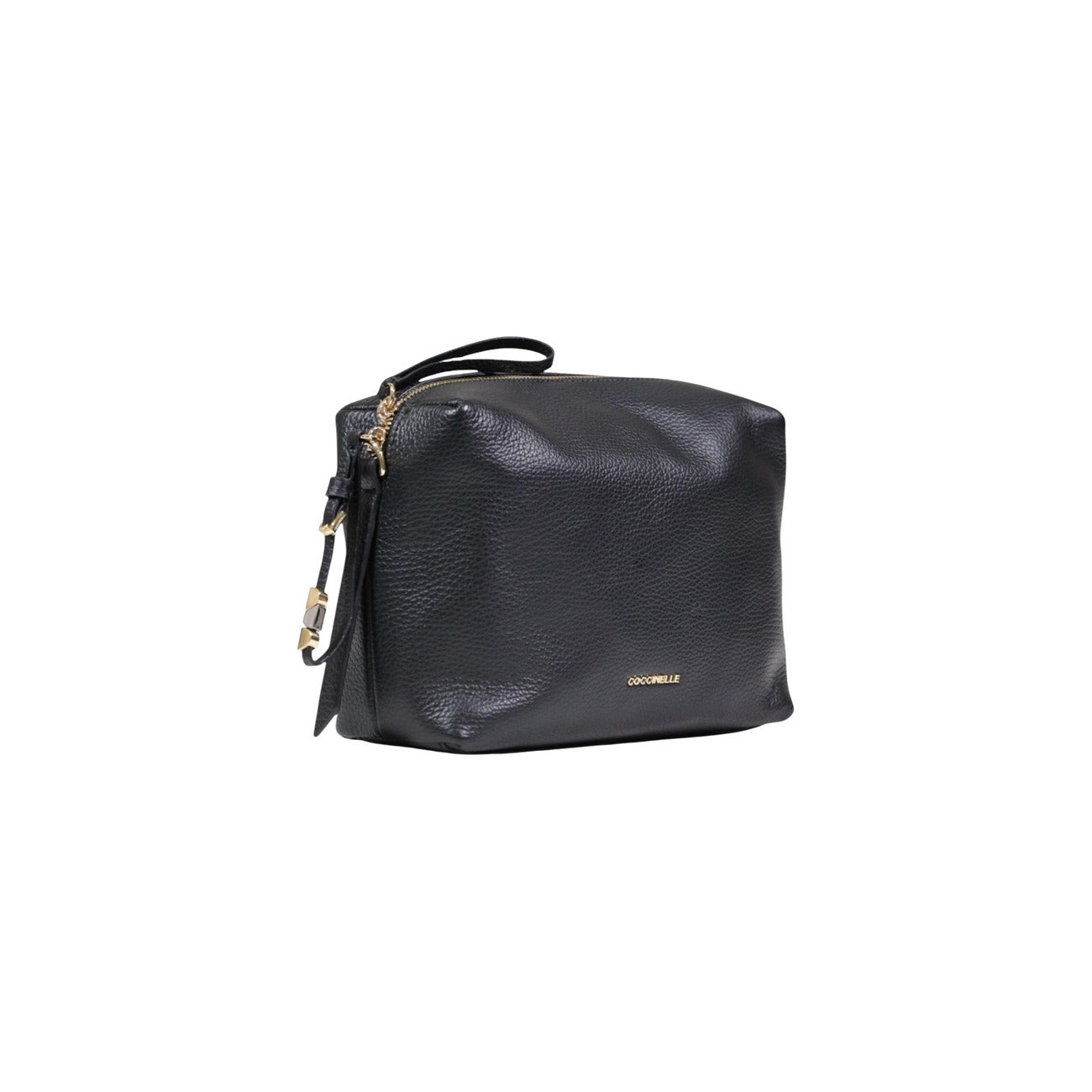 Coccinelle Pochette Nory; pelle nera a grana, chiusura zip, logo metallico. Dimensioni 23x18x8.5 cm. Elegante, compatta e versatile. Vista frontale laterale 