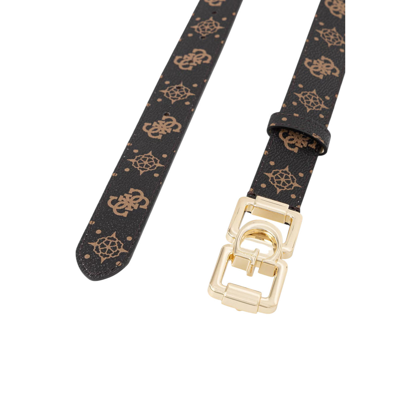 Cintura Donna Marrone Guess; Larghezza 3 cm. Pattern monogramma logato, fibbia in metallo dorato con logo, lunghezza regolabile. Accessorio 4 stagioni stile casual-chic. Dettaglio fibbia e logo stampa