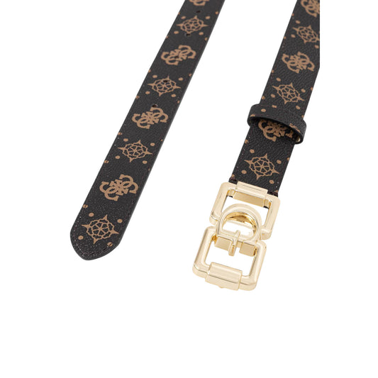 Cintura Donna Marrone Guess; Larghezza 3 cm. Pattern monogramma logato, fibbia in metallo dorato con logo, lunghezza regolabile. Accessorio 4 stagioni stile casual-chic. Dettaglio fibbia e logo stampa