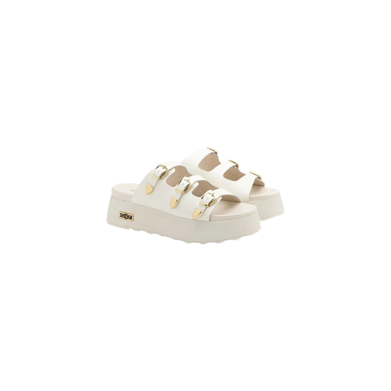 Sandali Platform Cult Janis; Bianco. 100% Pelle, tacco zeppa 5 cm. Triplo cinturino con fibbie, logo dorato laterale. Eleganti, robusti e ideali per la stagione estiva. Laterale frontale 
