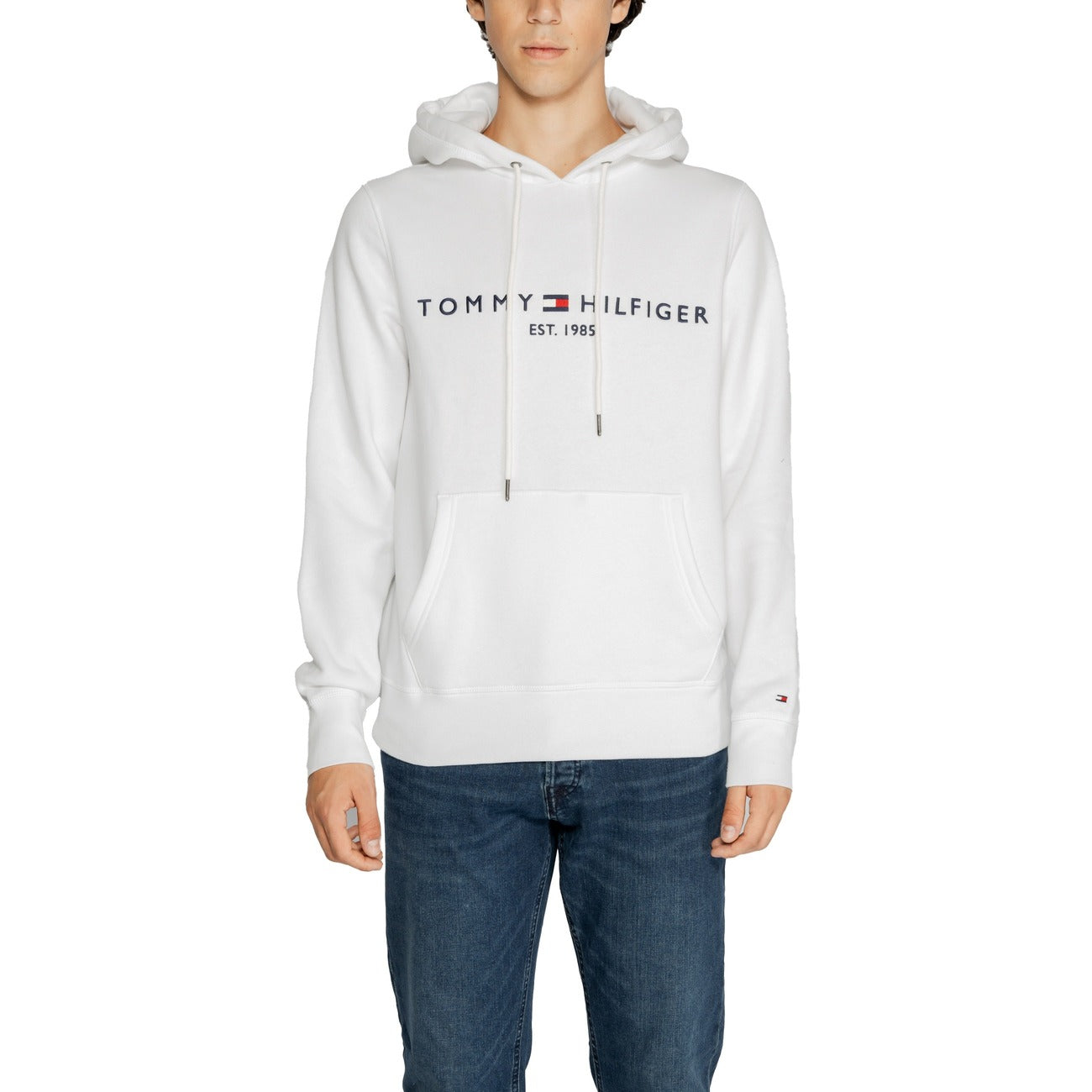 Tommy Hilfiger Jeans Felpa Cappuccio Uomo Bianca Stampa Senza Chiusura Maniche Lunghe Cotone 64% Poliestere 36% Autunno Inverno MW0MW11599YBR