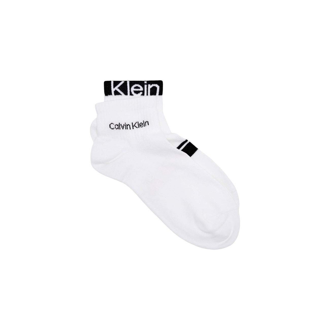 Calzini Calvin Klein Quarter Varsity; Bianco. 69% Cotone, 29% Poliammide, 2% Lycra. Design a righe orizzontali, logo integrato, vestibilità unisex stretch.