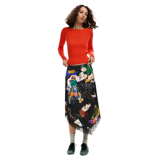 Gonna Midi Desigual Asimmetrica; 100% Viscosa EcoVero™. Stampa collage multicolor, dettagli in pizzo, tessuto satinato fluido. Chiusura con zip, collezione SS26. Figura intera 