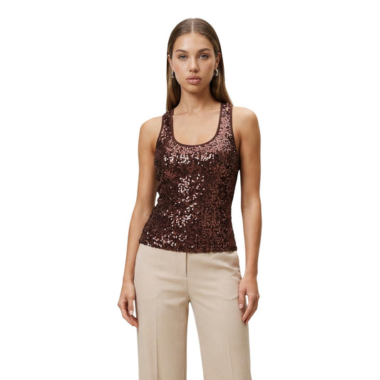 Canotta Artigli ACCN005082; Paillettes all-over. Vestibilità slim, girocollo ampio, poliestere premium. Top donna elegante, luminoso e rifinito per party ed eventi. Colore marrone. Vista frontale 