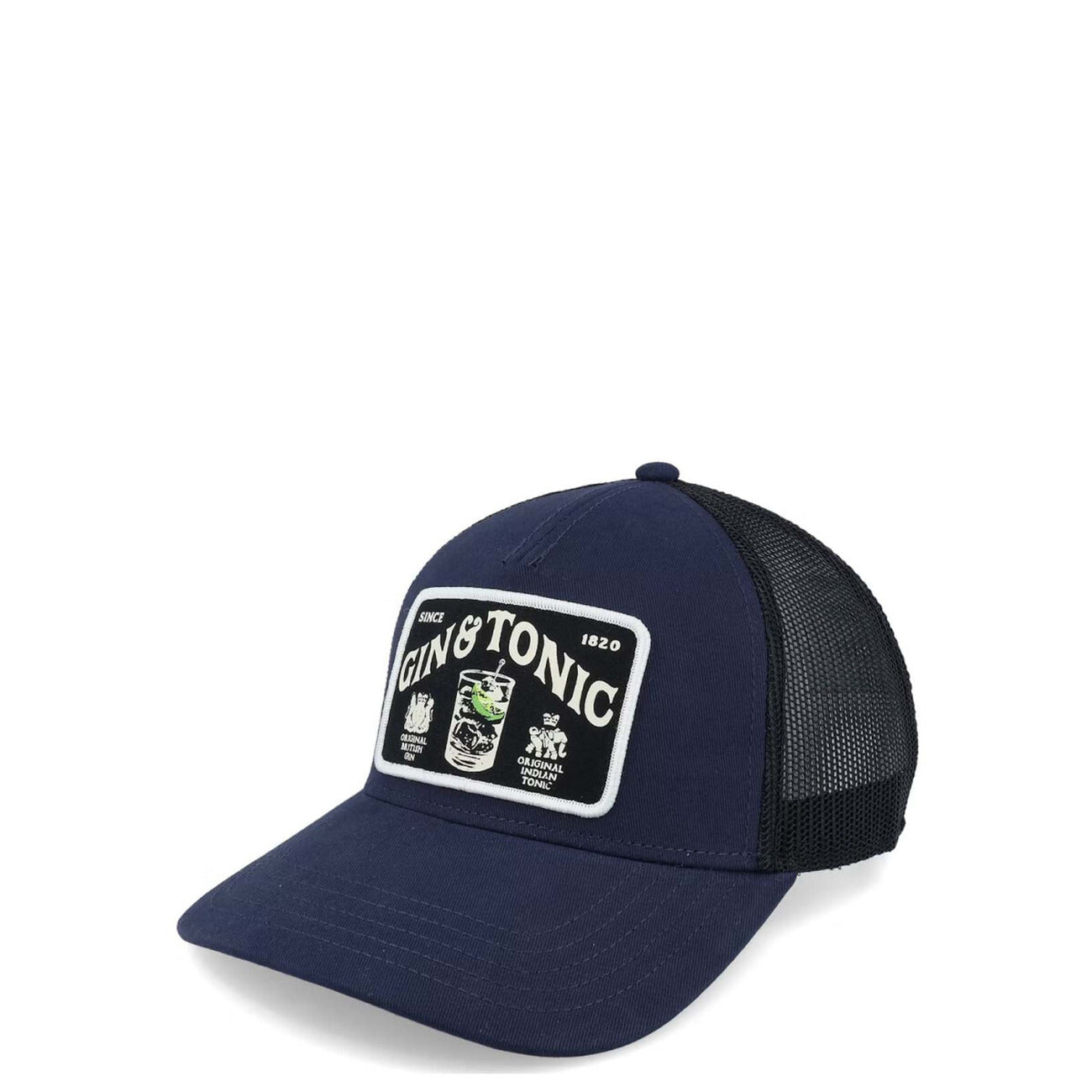 Cappellino Trucker American Needle Gin Tonic; blu navy/nero, logo ricamato, retro in rete, snapback regolabile. Design Inception Collection. Vista frontale laterale 