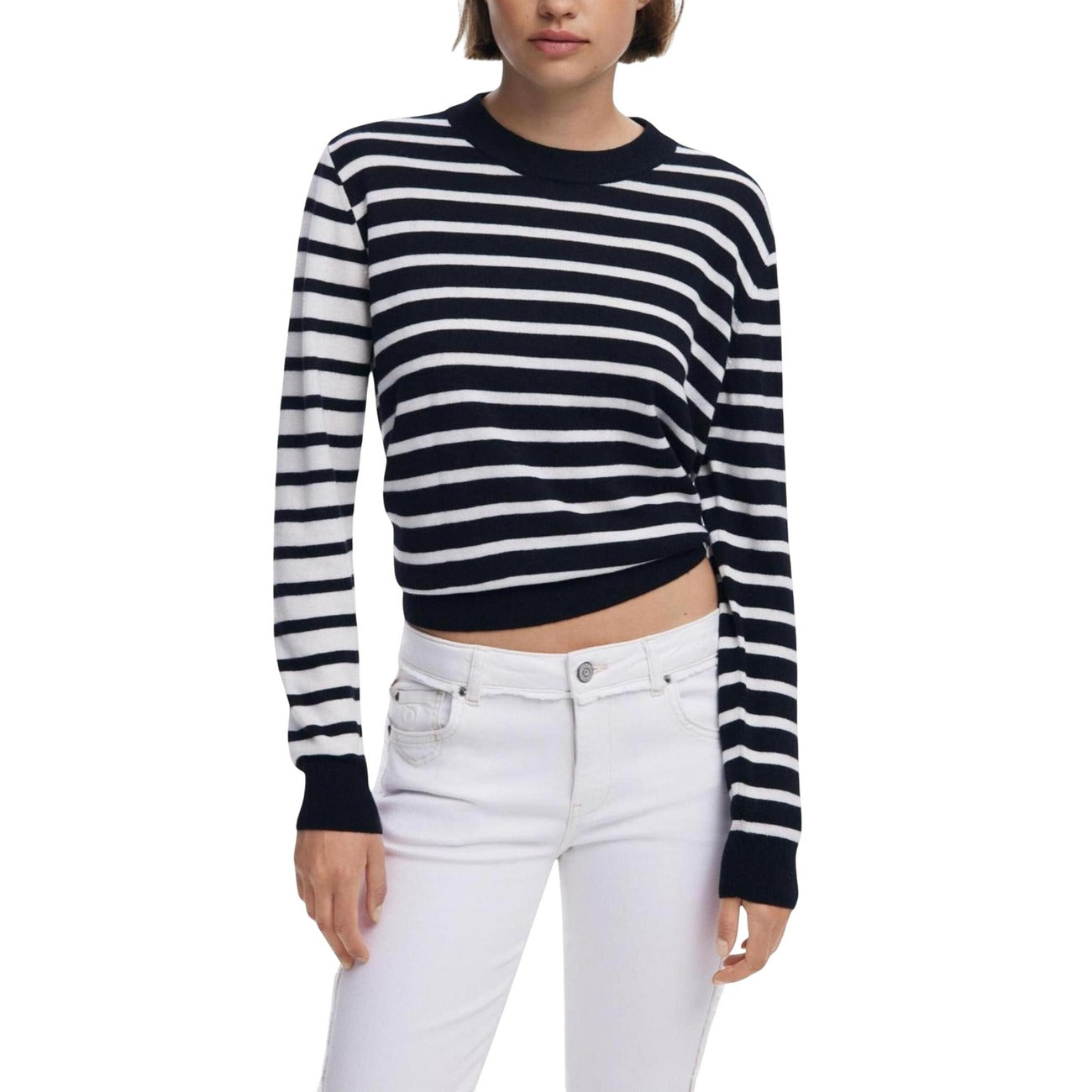 Desigual Maglia Donna Nera a Righe in 45% Poliestere 22% Lana 19% Acrilico 14% Poliammide a Manica Lunga Scollo Tondo 25WWJF08