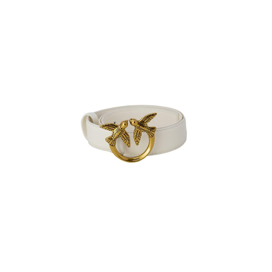 Cintura Alta Donna Pelle Pinko Love Birds 4cm; Cintura in pelle mano seta bianca o nera con fibbia logo metallica e passante singolo. Bianco e oro 