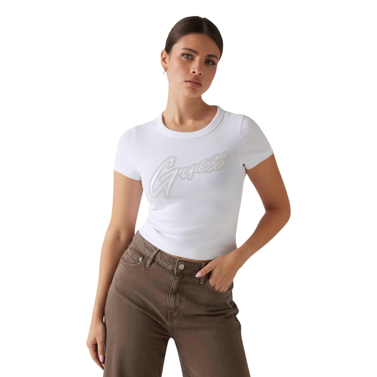 Guess T-Shirt manica corta Donna SS CN RIB LOGO TEE