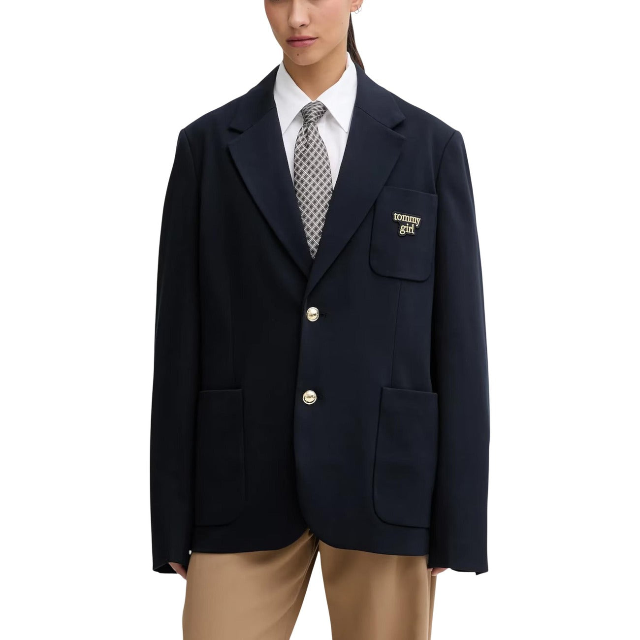 Tommy Hilfiger Jeans Giacca Donna Blu Bottoni Maniche Lunghe Scollo V Profondo Colletto Bavero Tasche Viscosa 66% Poliammide 30% Elastan 4% Primavera Estate DW0DW22495