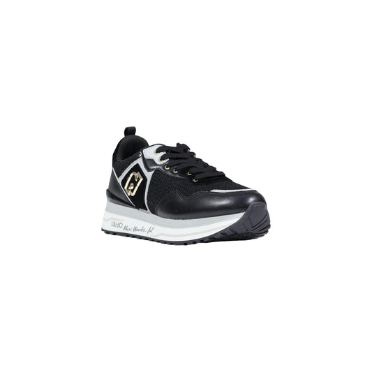 Sneakers Liu Jo Maxi Wonder 01; Nero con Paillettes. Pelle, suede e mesh tecnico. Suola platform 4,5 cm, logo LJ metallico, spoiler lucido. Stile glamour-sportivo Primavera/Estate. Vista frontale 