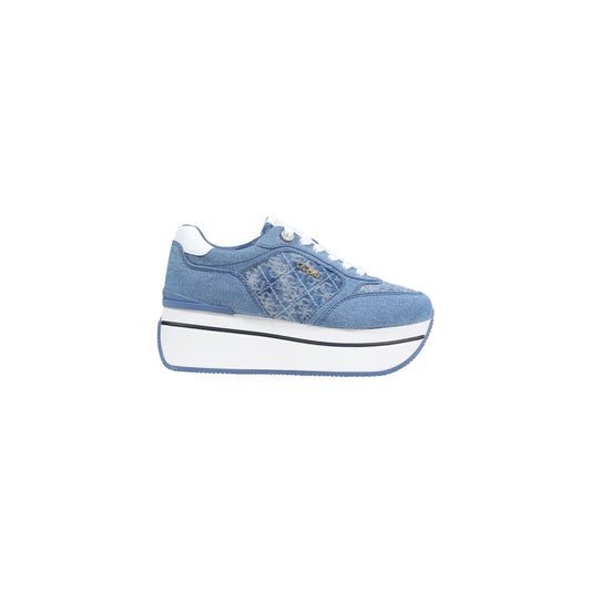 Sneakers Guess Camrio Runner; 96% Poliestere, 4% Poliuretano. Colore Blu, suola para 7 cm, logo 4G goffrato. Sneakers donna stringate con plateau esagerato, stagione PE26 Vista laterale 