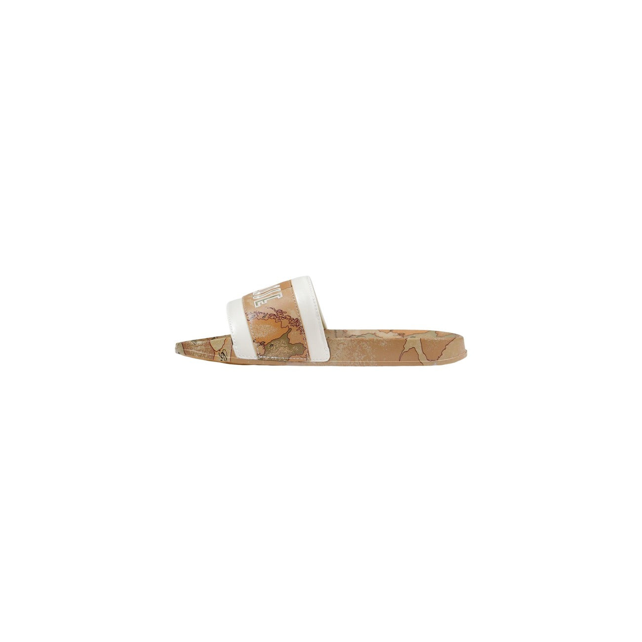 Ciabatte Geo Classic Alviero Martini Child; Beige. 100% Poliuretano leggero, fascia ampia con logo in rilievo, tacco 2 cm. L'accessorio iconico e impermeabile per le tue vacanze. Vista laterale 