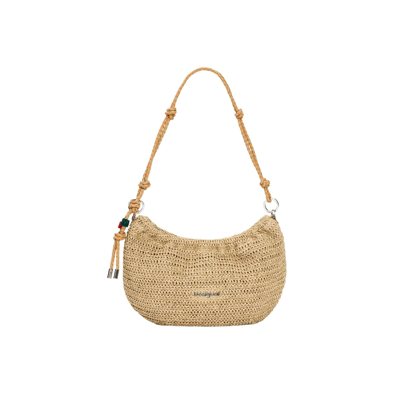 Borsa Desigual in rafia; forma ovale, 3 tracolle intercambiabili, charm portacarte removibile. Design estivo SS26. Colore beige 