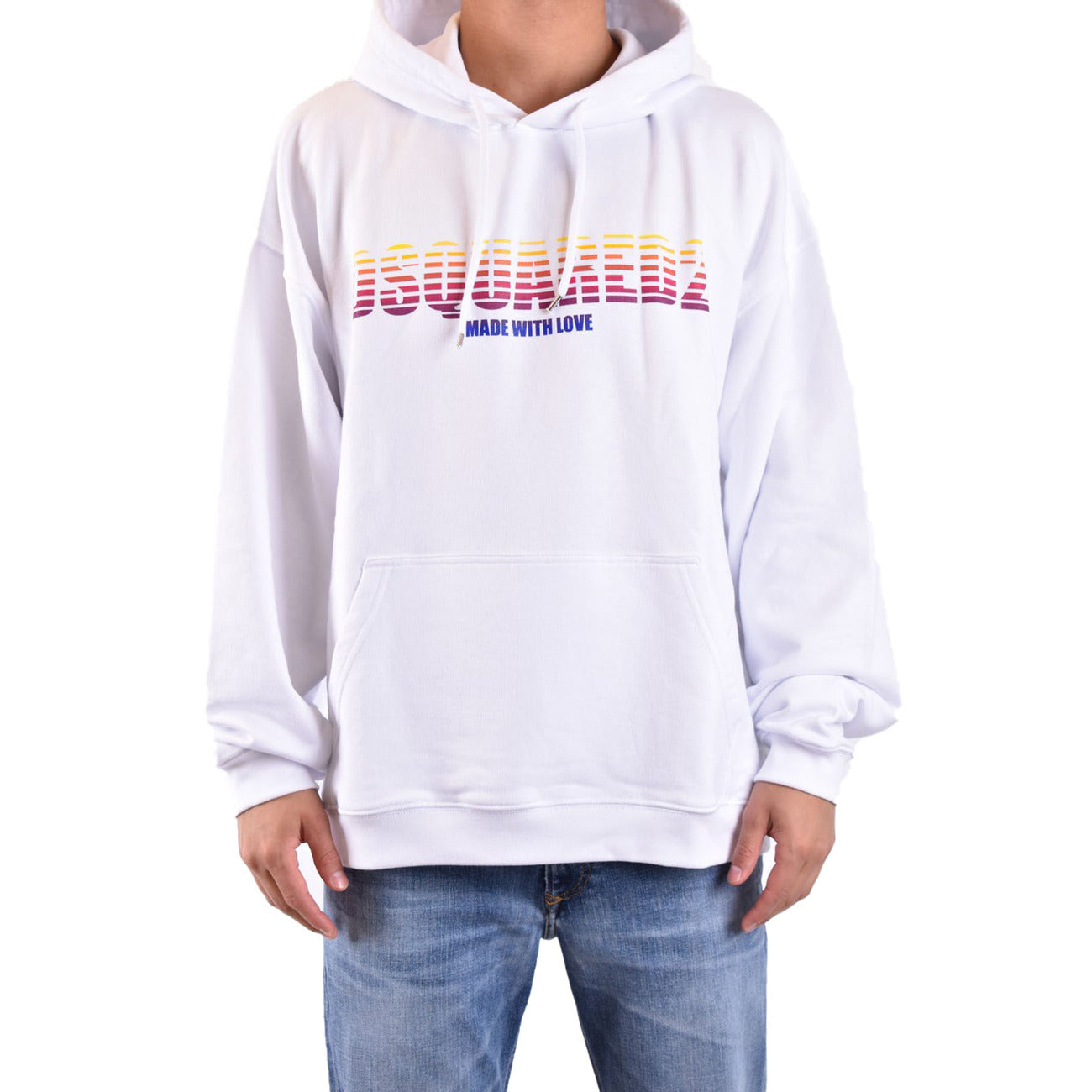 Dsquared2 Felpa Uomo Bianca con Cappuccio Stampa Maniche Lunghe Tasche Anteriori in Cotone 100% Autunno/Inverno V_30706