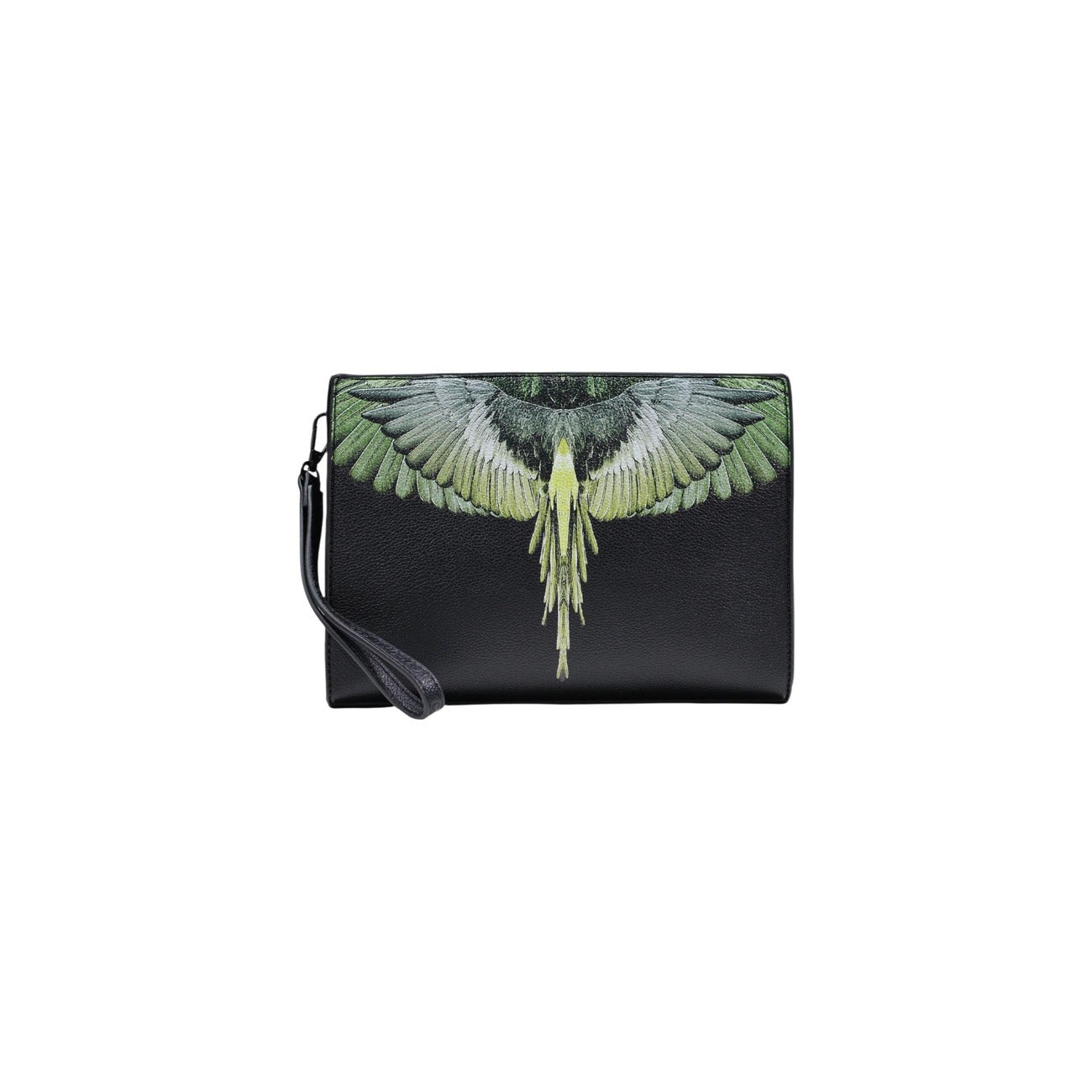 Pochette County of Milan Wings; ecopelle premium, stampa ali, cinturino da polso rimovibile. L'accessorio streetwear per eccellenza. Vista frontale 