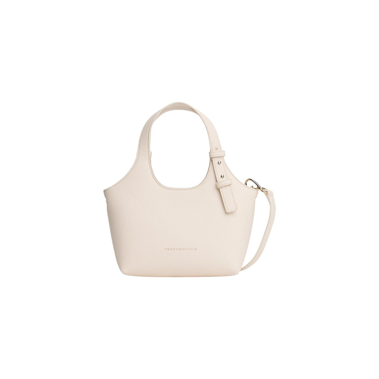 Borsa Tote Tommy Hilfiger; Finitura zigrinata, logo metallizzato impresso, chiusura con zip. Doppia portabilità (manici e tracolla rimovibile). Capienza 3,5 l. Design elegante e funzionale. Colore panna vista frontale 