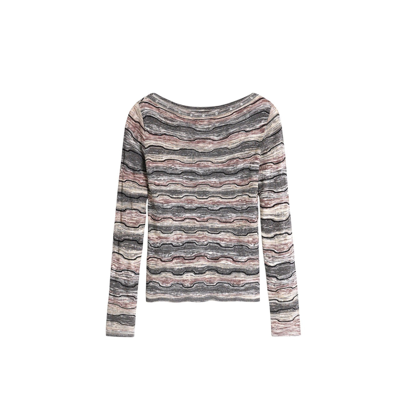 Maglione Desigual donna grigio a righe modello JERS_BURT. Maglia fine da donna a righe orizzontali nere e beige con scollo a barca stile casual urban chic quotidiano. Frontale stesa 