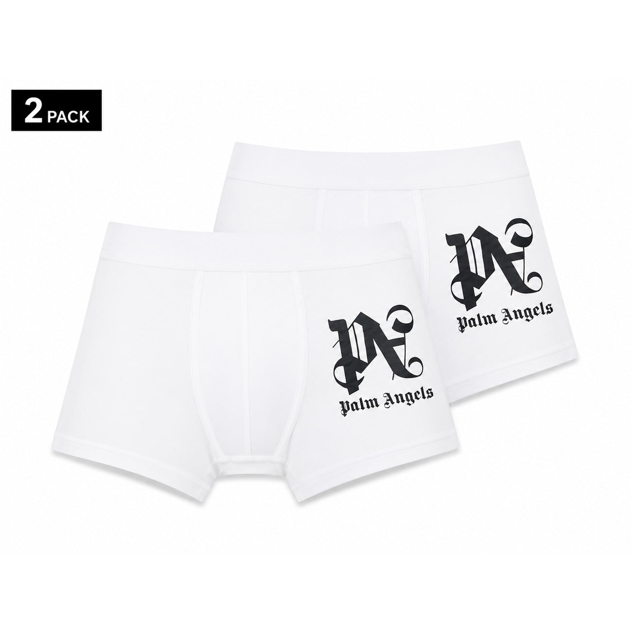 Set 2 Boxer Palm Angels; Stampa su gamba. Elastico tono su tono, cotone stretch premium, vestibilità aderente. Il dettaglio streetwear definitivo per il tuo guardaroba intimo. Bianco frontale 