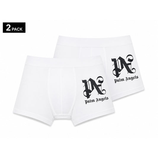 Set 2 Boxer Palm Angels; Stampa su gamba. Elastico tono su tono, cotone stretch premium, vestibilità aderente. Il dettaglio streetwear definitivo per il tuo guardaroba intimo. Bianco frontale 