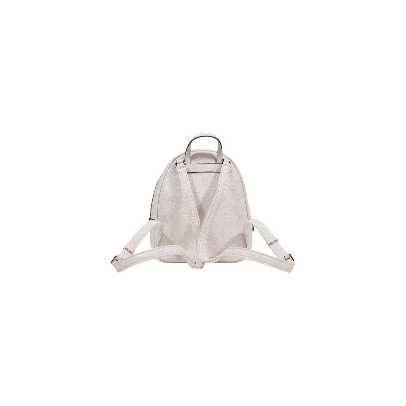 Guess Manhattan II Backpack; zaino bianco con dettagli dorati, doppia zip e scomparti interni, stile contemporaneo e dimensioni medie perfette per contenere tutti gli essenziali quotidiani. Vista posteriore 