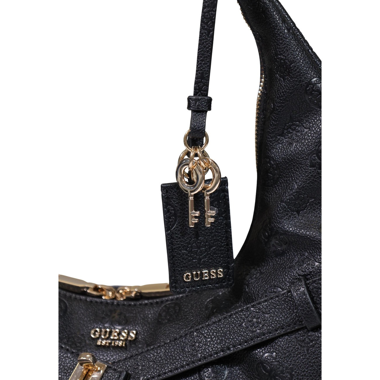 Borsa Tote Grande Donna Nera Guess Jodi; Struttura 100% poliuretano con motivo logo impresso all-over e chiusura a zip. Doppi manici con catena dorata, tasche esterne con cerniera e ciondolo con charm, stile elegante 4 stagioni. Dettagli 
