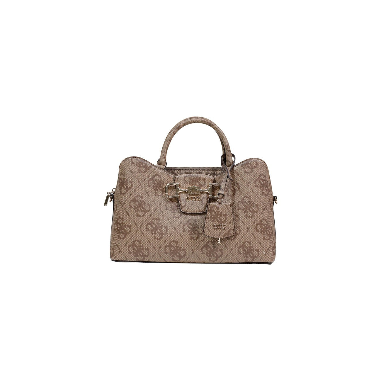 borsa a mano Guess Janie Logo Girlfriend Satchel in poliuretano beige scuro con logo all-over vista frontale 