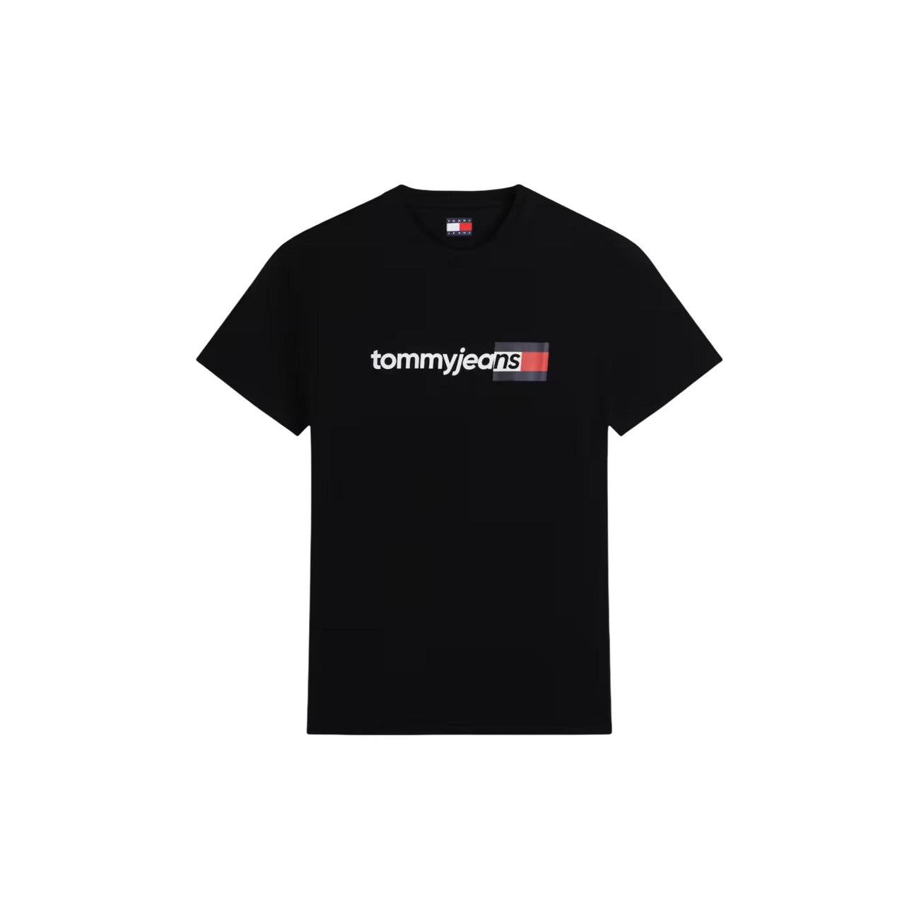 T-shirt Nero Tommy Jeans; Logo Print. 100% Cotone Rigenerato. Regular fit, girocollo, stile casual sostenibile. Leggera, traspirante e iconica. Vista stesa 
