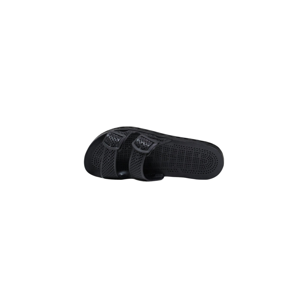 Slide Sensi La Jolla Urban Nere; 100% PVC. Doppia fascia regolabile, suola ergonomica traforata anti-ristagno, altezza 2 cm. Leggere, ultra-resistenti e lavabili. Design Made in Italy. Vista dall’alto 