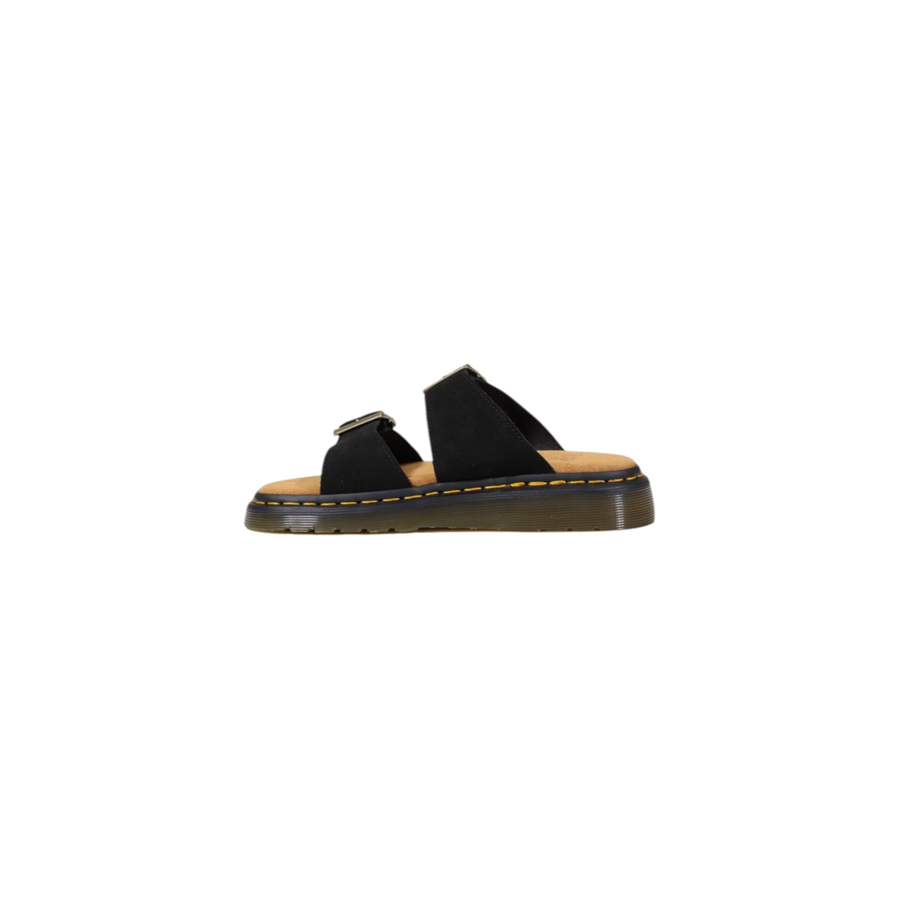 Sandali Dr. Martens Josef; Nero. 100% Pelle scamosciata morbida, doppia fibbia regolabile, cuciture gialle iconiche. Resistenti, comodi e pronti per l'estate. Vista laterale 
