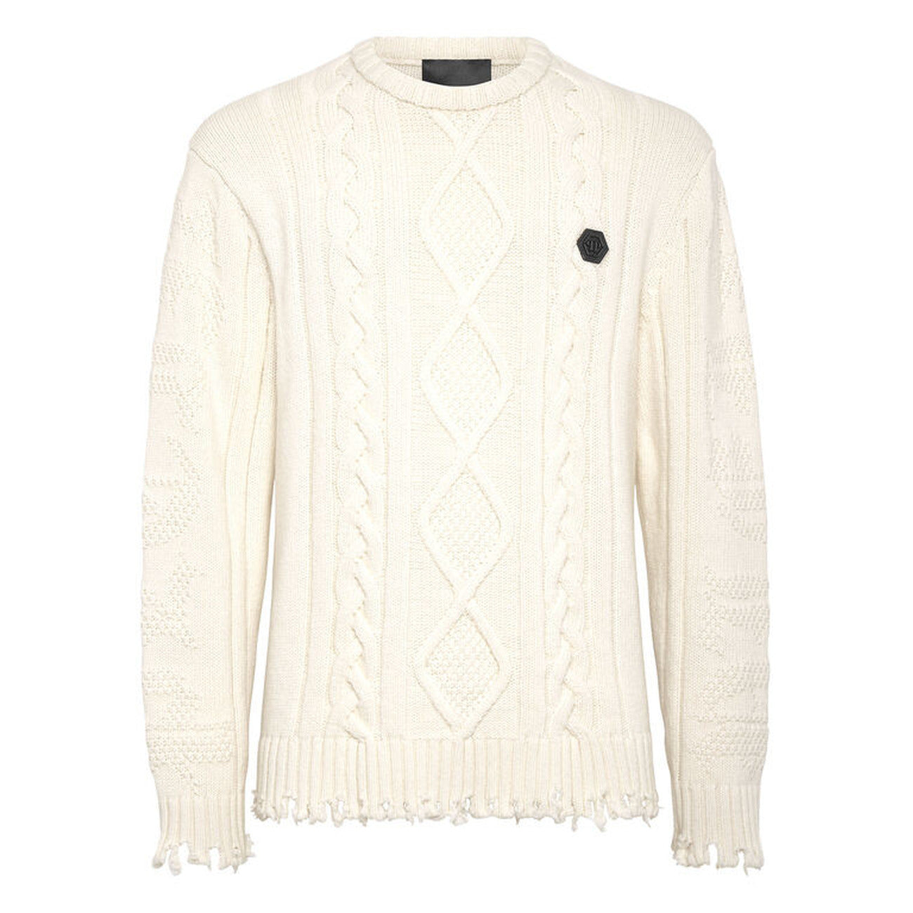 Philipp Plein Maglia Uomo Bianca Effetto Strappato Maniche Lunghe Scollo Tondo in Lana 100% Autunno/Inverno EBO_2035