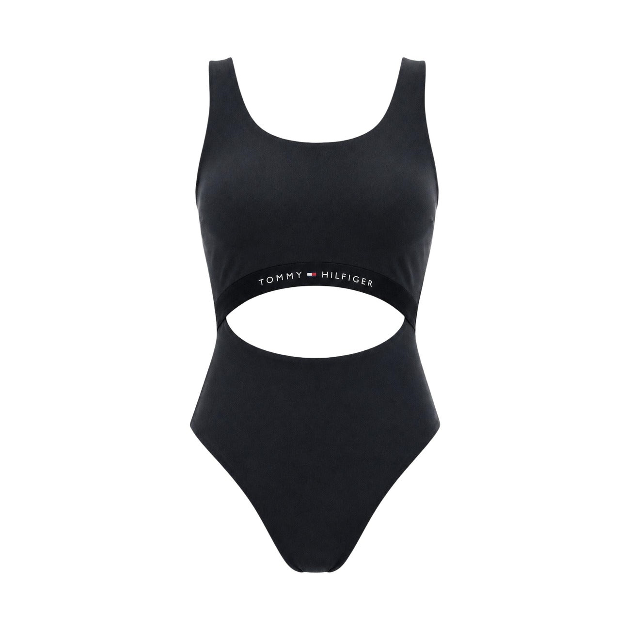 Costume Intero Cut-Out Tommy Hilfiger; Blu Navy. 80% Nylon riciclato, 20% Elastam. Fascia elastica logata, aperture frontali e sulla schiena, tessuto stretch ecosostenibile. Stile audace e raffinato. Vista frontale stesa 