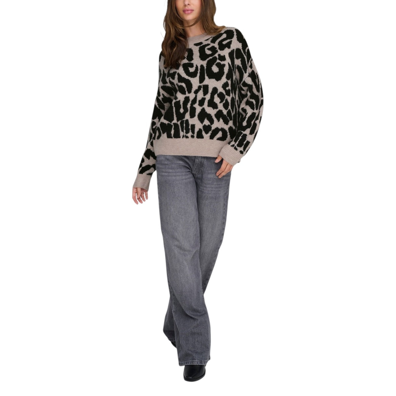 Jacqueline De Yong Maglia Donna Beige Leopardata - Maglione Maniche Lunghe Scollo Tondo