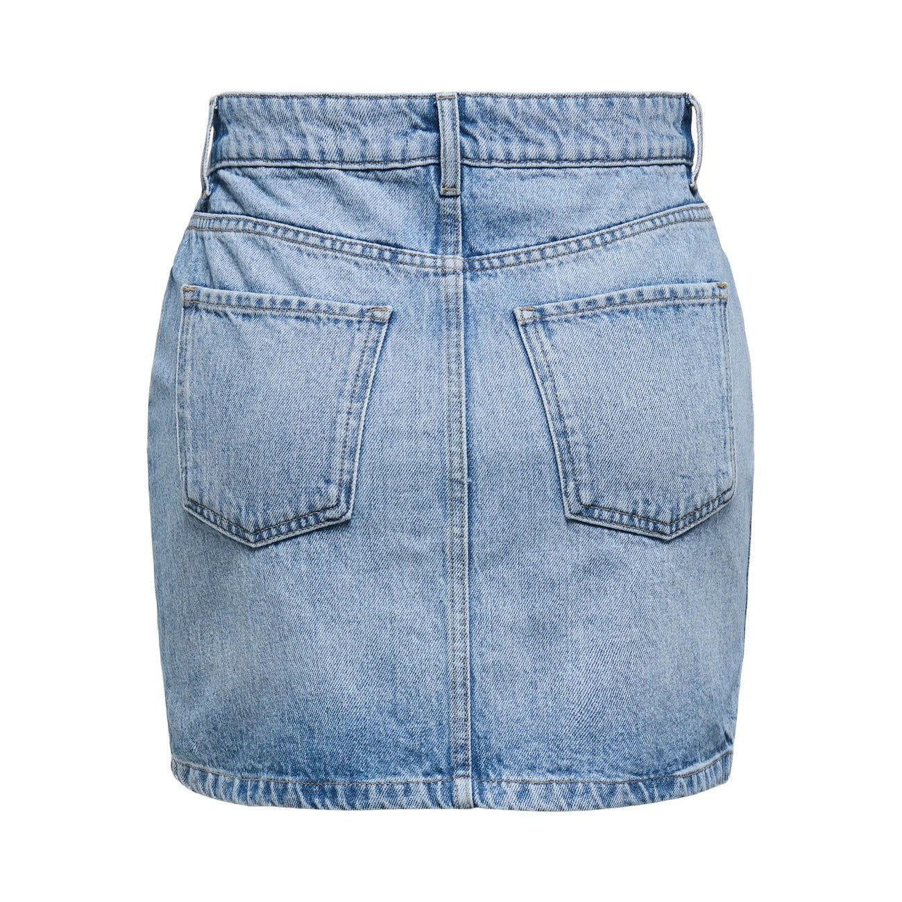 Gonna Corta Jeans Donna Blu Chiaro Only; Minigonna in puro cotone denim sostenibile con chiusura a bottoni e passanti per cintura. Cinque tasche, stile casual e intramontabile. Vista posteriore stesa 