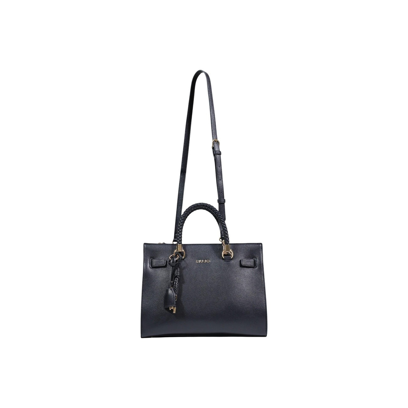 Borsa Satchel Liu Jo Better; effetto bottalato nero. Tre scomparti (zip e magnetico), manici intrecciati, tracolla removibile. Borsa donna media, versatile e sostenibile. Vista con tracolla 