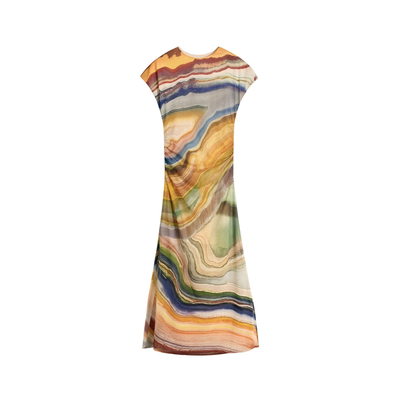 Abito Desigual donna midi multicolore modello VEST_ZAGREB a linee ondulate. Vestito estivo in maglia leggera a maniche corte stampato stile colorato, allegro, casual e urban chic.