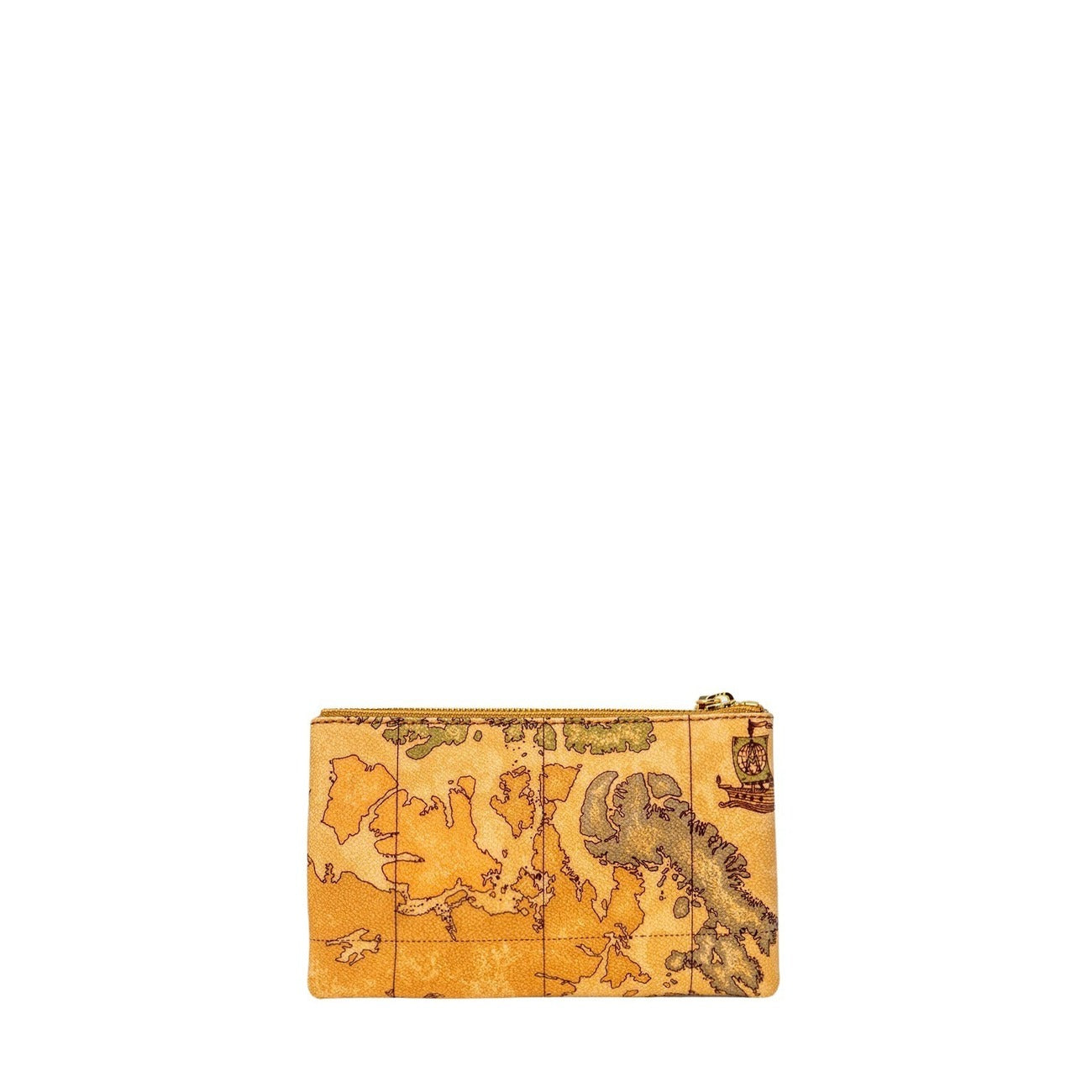 Bustina Alviero Martini 1ᴬ Classe Geo Classic; Tessuto stampato e pelle di vacchetta. Chiusura con zip, metalleria dorata. Misure 19,5x12,5 cm. Accessorio piatto multiuso, stile iconico.