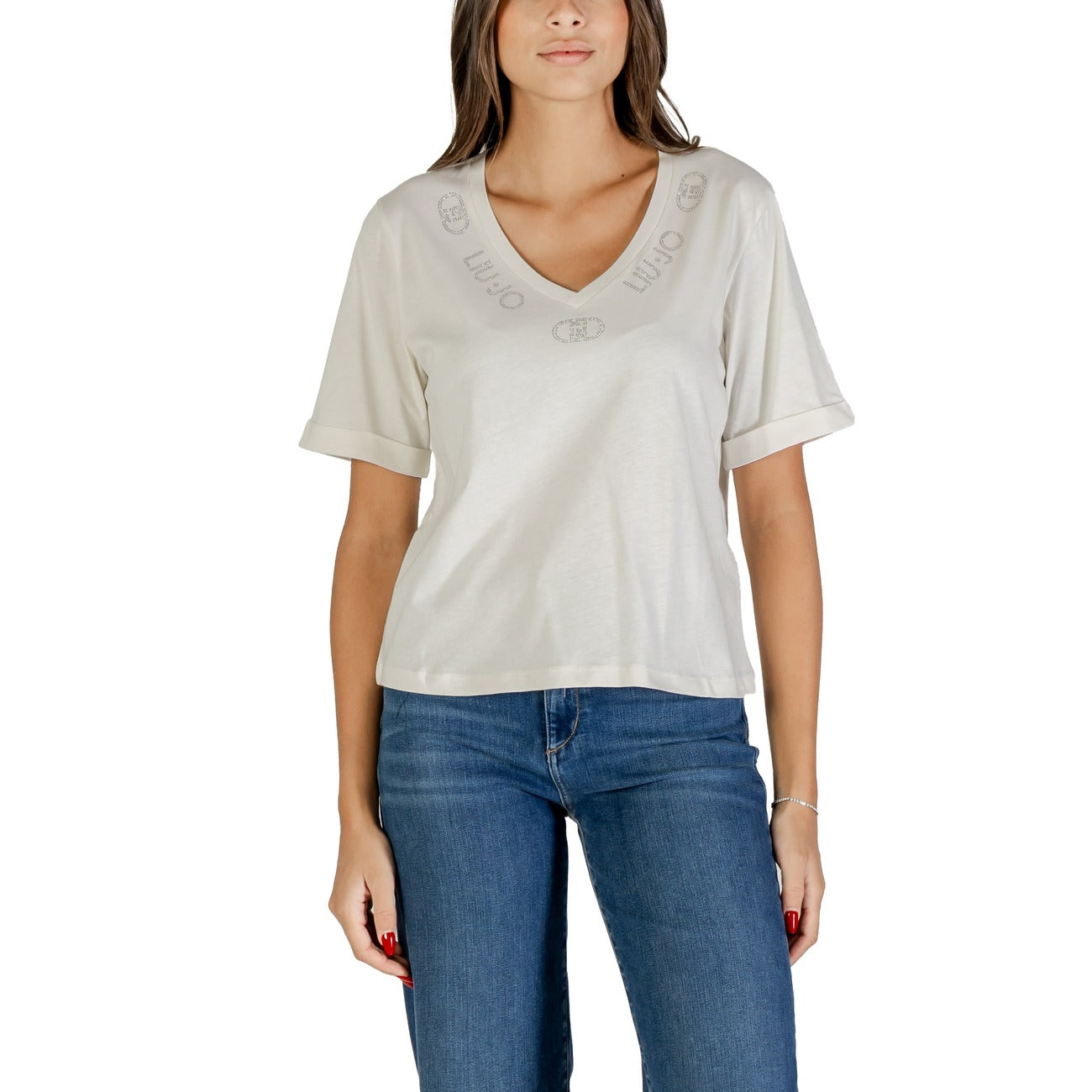 Liu Jo T-Shirt Donna Nera Stampa Strass Manica Corta Scollo a V 100% Cotone Primavera/Estate TF5143 JS003