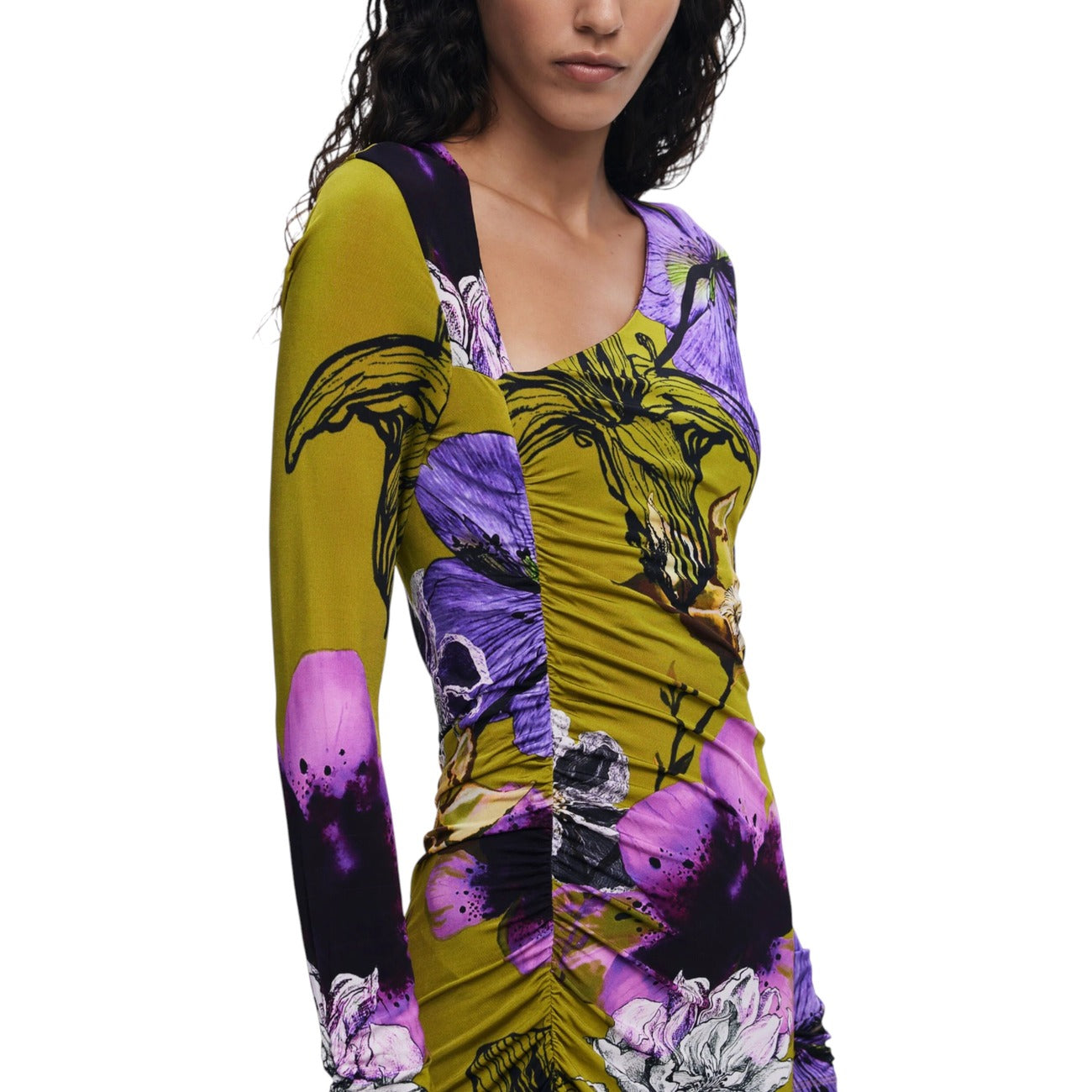 Desigual Abito Midi Donna Verde Floreale Maniche Lunghe - Abito Viscosa Elastan