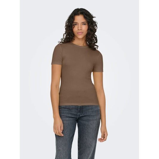T-shirt Donna Only; Maglietta a maniche corte aderente tight fit in misto viscosa e poliestere stretch. Scollo paricollo tondo, stile casual-luxury essenziale per la primavera e l'estate. Marrone Frontale 