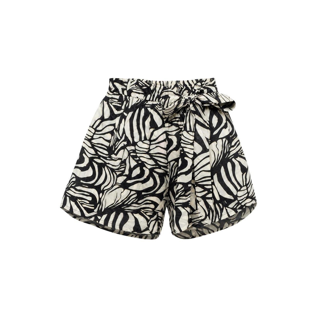 Shorts Neri/beige chiaro Ayfee; Misto Seta. Vita alta con cintura coordinata, fantasia grafica, tessuto lucido e leggero. Taglio morbido e confortevole per un look estivo fashion. Vista frontale stesa  