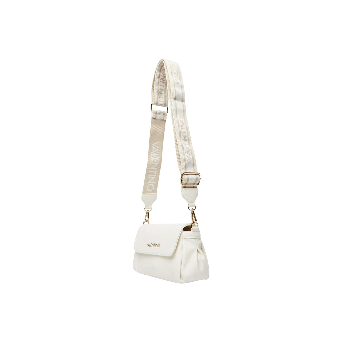 Borsa Piccola Bianca Donna Valentino Bags Dea; Misure 10x16x8 cm. Tessuto 100% poliuretano con chiusura a patta e cerniera interna. Doppia tracolla rimovibile con borchie e logo in metallo dorato lucido, stile elegante 4 stagioni. Frontale laterale 