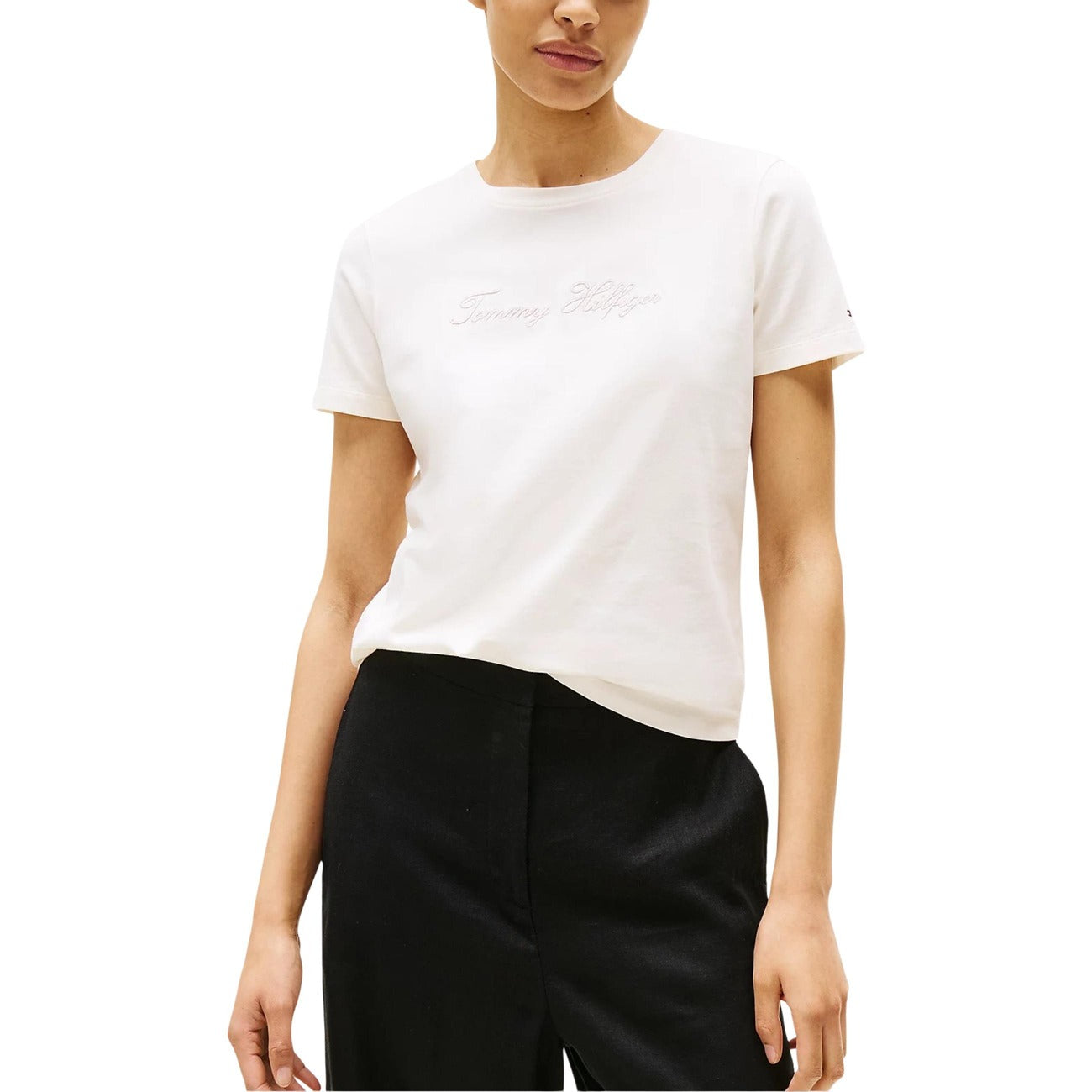 Tommy Hilfiger T-Shirt Donna Bianco Manica Corta Scollo Tondo Cotone Organico 100% Autunno Inverno WW0WW47210