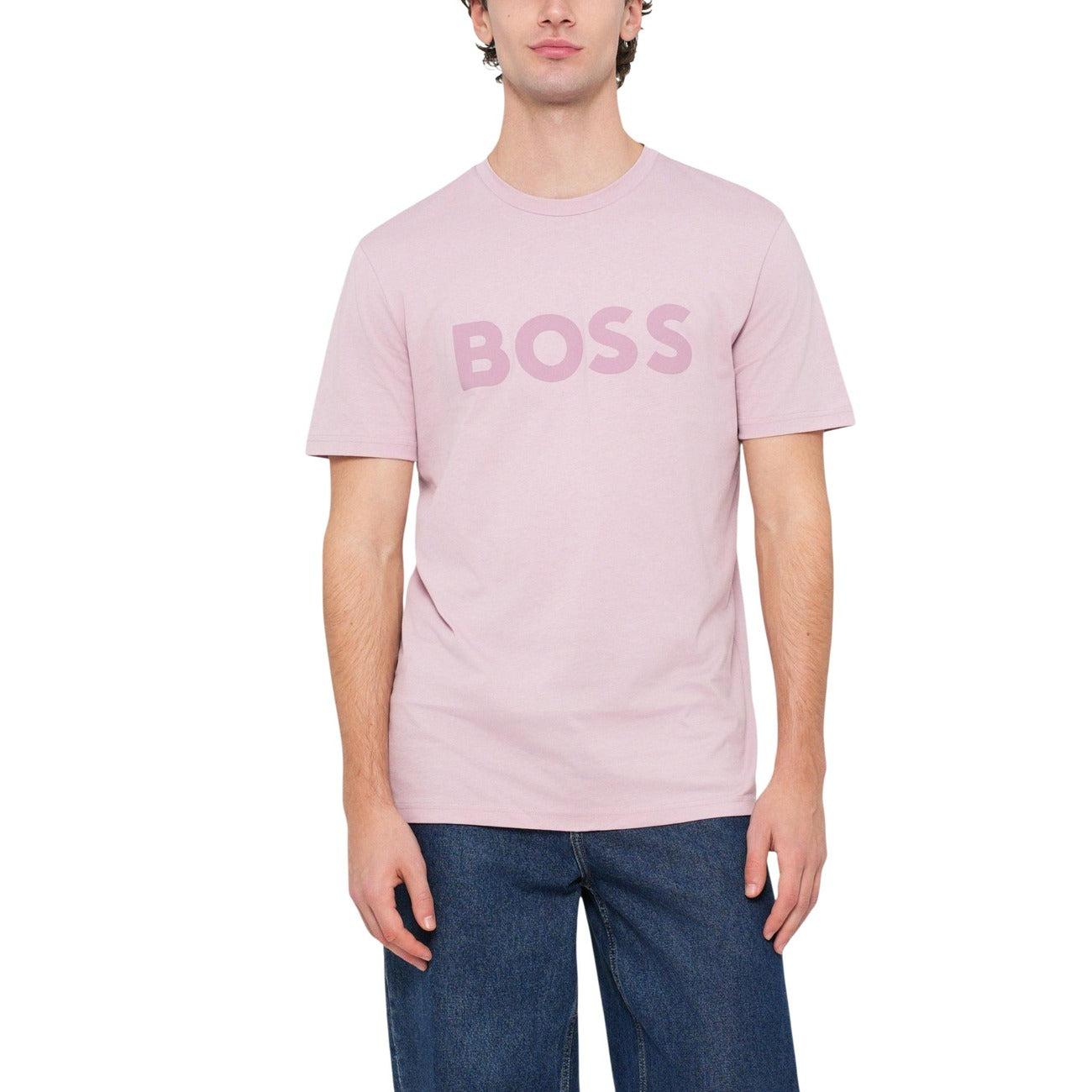 T-shirt Boss uomo rosa manica corta - vista laterale indossata
