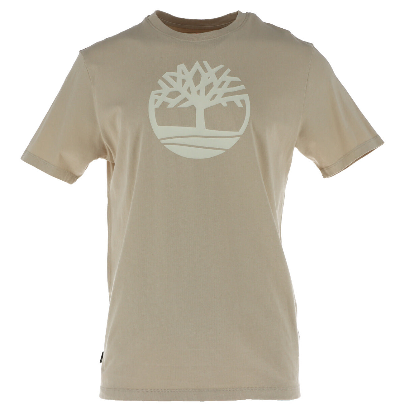 T-shirt uomo Timberland modello KENNEBEC RIVER TREE LOGO beige in cotone a maniche corte con stampa logo albero
